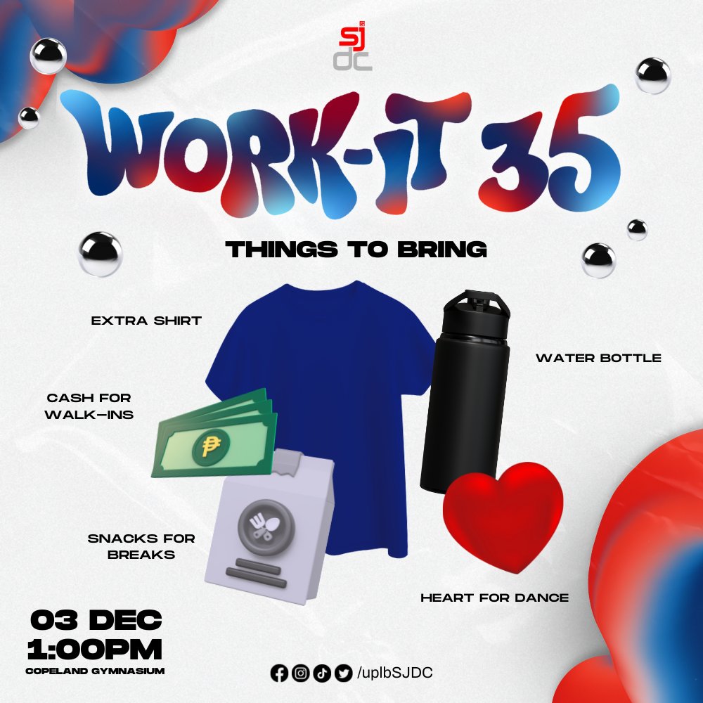 uplbSJDC's tweet photo. π·Pre-registration for Work It 35 is officially closedπ·
Worry not, walk-ins are absolutely welcome! π·
β’ 1 Class: 350 pesos
β’ 2 Classes: 650 pesos
(1/3)
#UPLBSJDC #SJDC25thAnniversary
#CreateTheCurrent #MakeWaves
#UPLBSJDCWorkIt35 https://t.co/J9vJI69Uxs