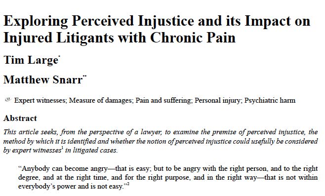MatthewSnarr's tweet photo. I have co-authored an article on Perceived Injustice and Chronic Pain, published in the Journal of Personal Injury Law last week, JPIL Issue 4 2023 with @TimLarge14 @ClydeCoNews #perceivedinjustice #ChronicPain https://t.co/Yub7aDF83l