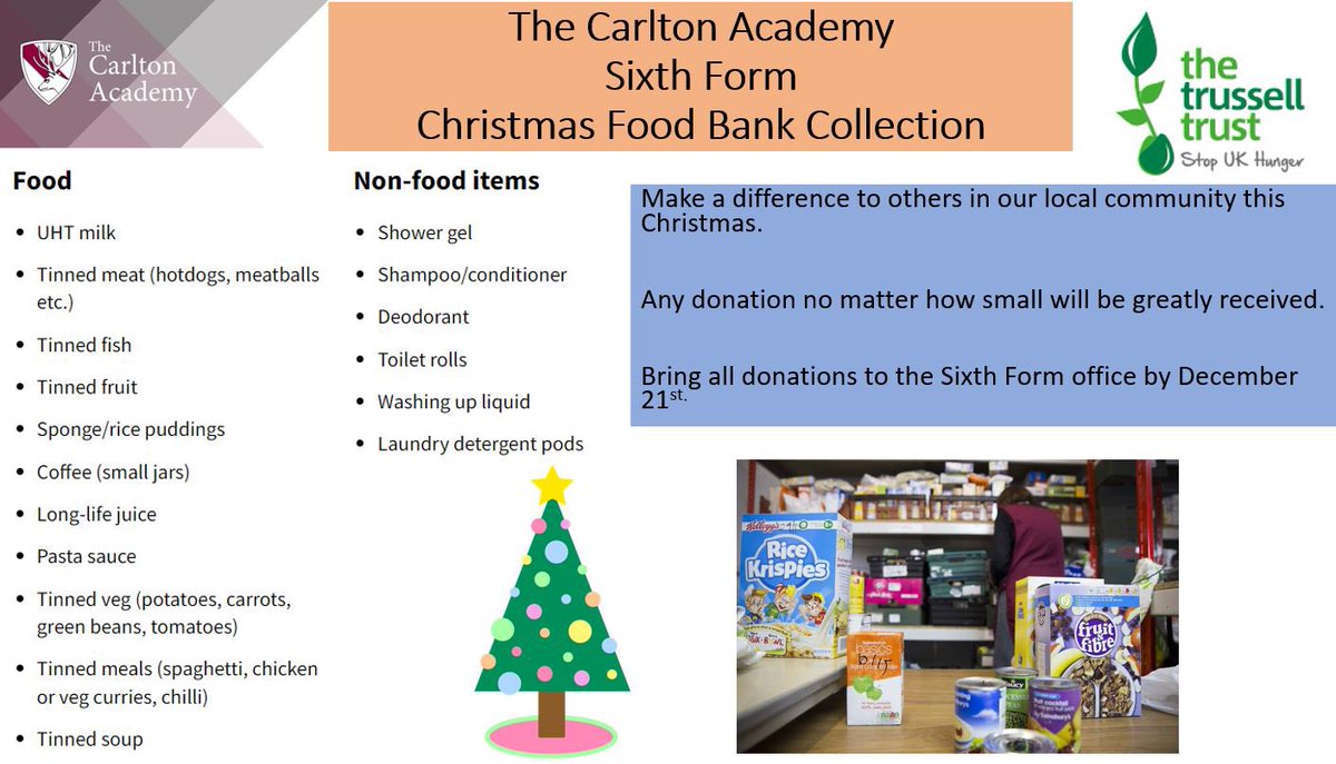 Our Sixth Form students and their families, alongside the rest of the school, are buying and collecting lots to make a difference to others in our local community this Christmas @TrussellTrust