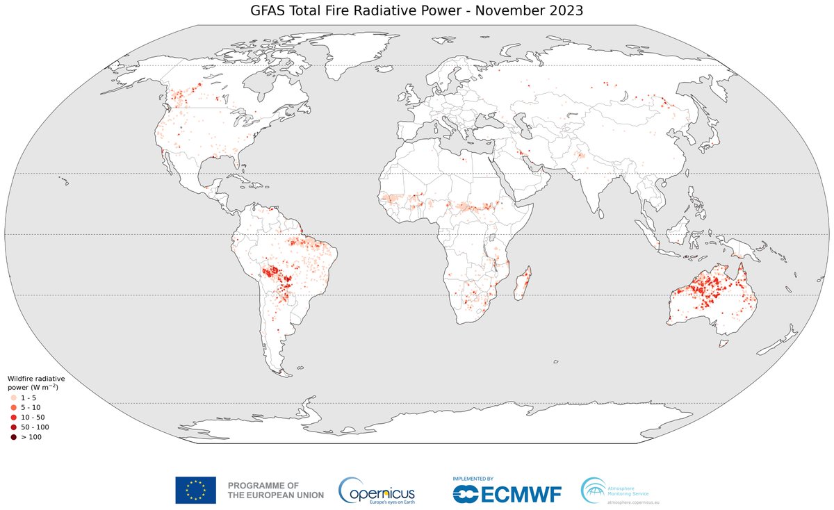 m_parrington's tweet image. Global #wildfires #openburning intensity &amp;amp; emissions for November 2023 in #CopernicusAtmosphere Monitoring Service GFAS data confluence.ecmwf.int/display/CKB/CA…. Large-scale fires in Australia, Bolivia &amp;amp; Pantanal/central S America contributing to highest Nov &amp;amp; Jan-Nov global total since 2015