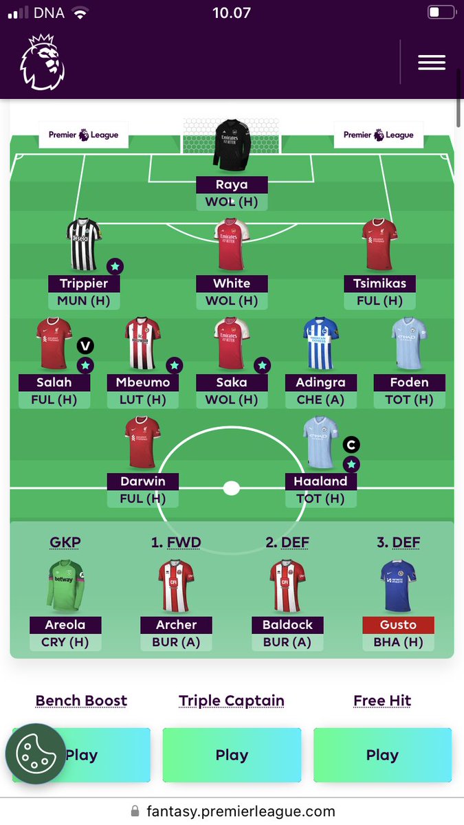 GW14
-8 taken, in Tilt mode, this is the team
Ready to be hurt by White again, as Tomiyasu seems to have cemented his starting spot. I think it’s up to Foden and Adingra to give me any rank gains, so here goes for hoping🤞
OR wise I need a WC19 miracle✨
Let’s see, GL all!
#FPL