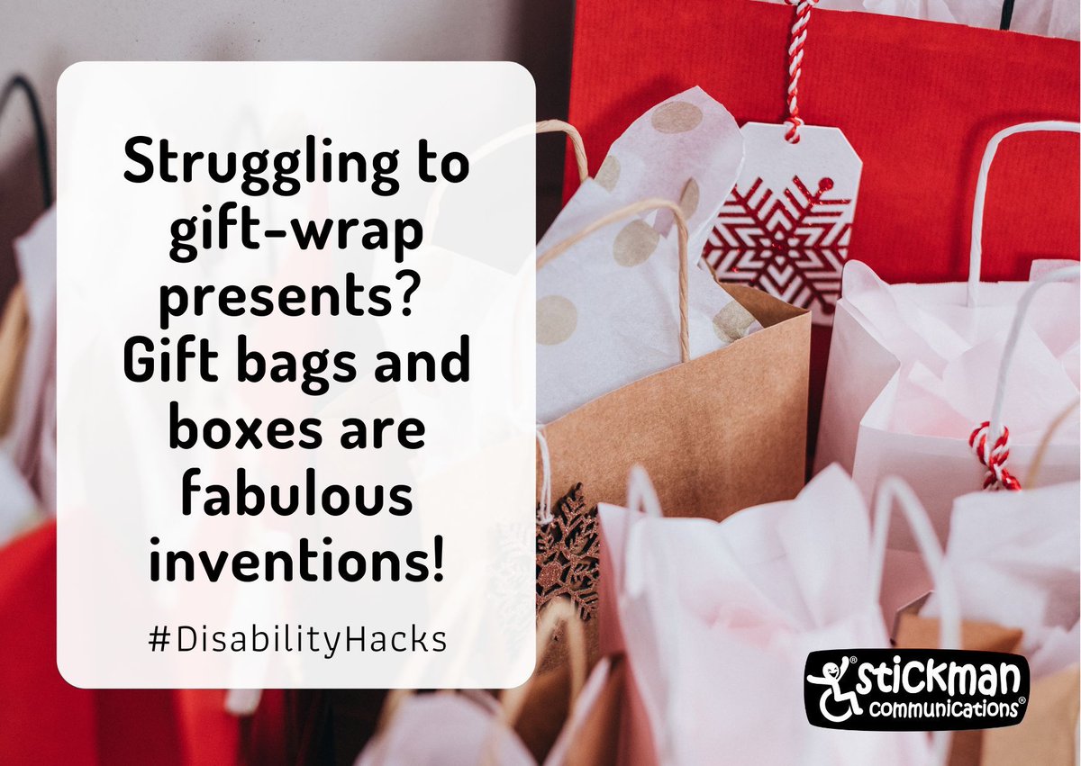 stickmancrips's tweet photo. For those of us with painful hands, present wrapping can be an ordeal - using (and re-using) gift bags or boxes can be an effective alternative - and SO much easier! #DisabilityHack https://t.co/Jk51xxijJH