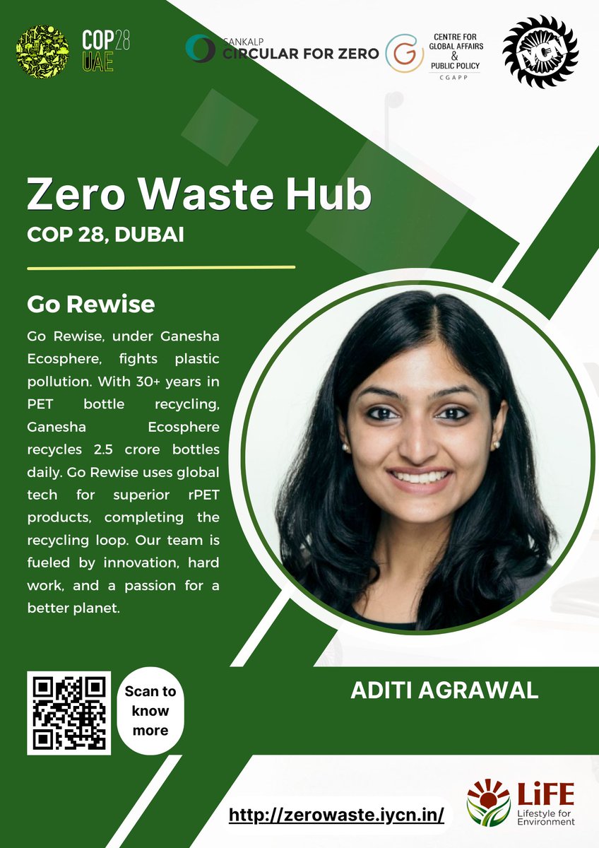 GoRewise's tweet photo. Exciting news! Ms. Aditi Agrawal represents #GoRewise at #COP28, UAE, showcasing our #ZeroWaste Solution at Booth 32 (Blue Zone). We combat #plasticpollution with cutting-edge technology, producing superior #rPET products. Explore our initiatives at https://t.co/oAf6KeX2CK. https://t.co/fIakEMa6FB