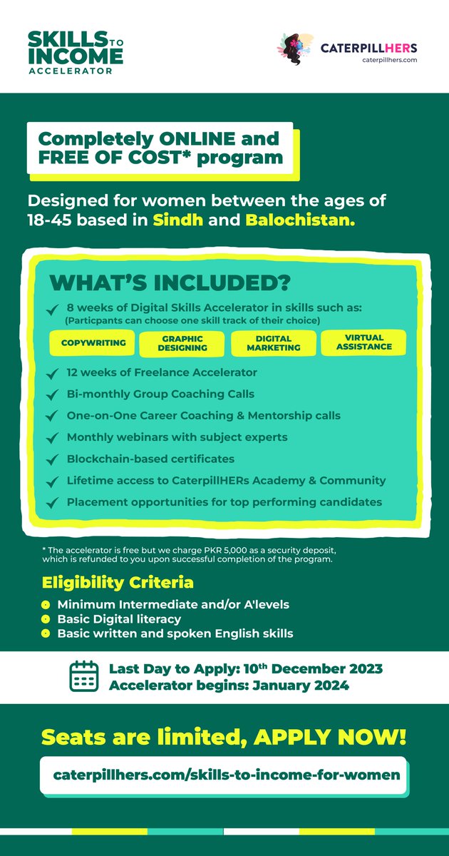 We have extended the application deadline to get more women from smaller cities in Sindh and Balochistan. If you know someone, please tag them, or feel free to share it with your network on other platforms. This is a program by @CaterpillHERs! Details: caterpillhers.com/skills-to-inco…