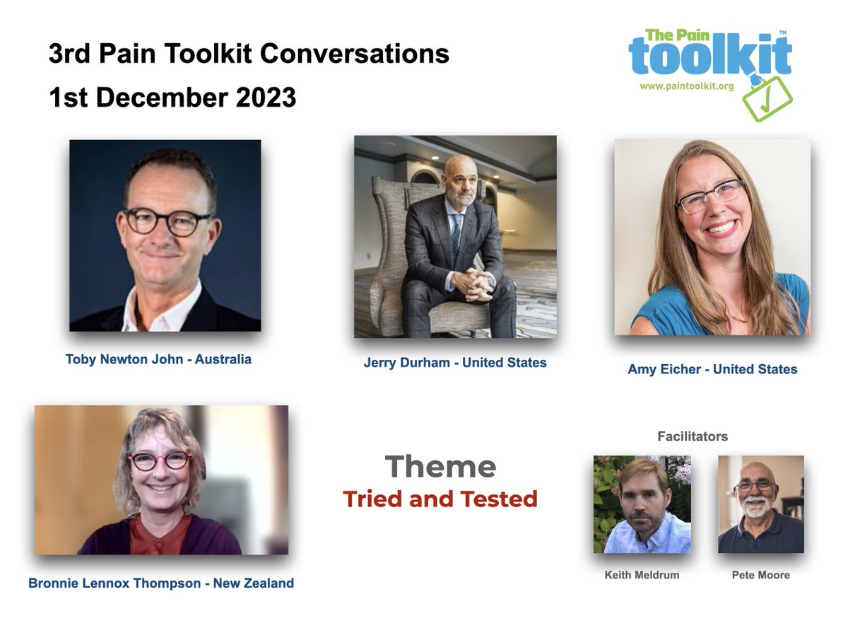 3rd Pain Toolkit Conversation 
youtube.com/watch?v=TjWUsD…

With 
<a href="/RestoringVenus/">Amy Eicher</a> (Amy Eicher - Pain Coach)
<a href="/adiemusfree/">Bronnie Lennox Thompson 🐾🇳🇿🌈🎓</a> (Bronnie Thompson - OT and Pain Mgt)
<a href="/Jerry_DurhamPT/">Jerry Durham</a> (Physical Therapist)
<a href="/TobyNewtonJohn1/">Toby Newton-John</a> (Clinical Psychologist)
And <a href="/keith_meldrum/">Keith Meldrum 🇨🇦</a> - co facilitator