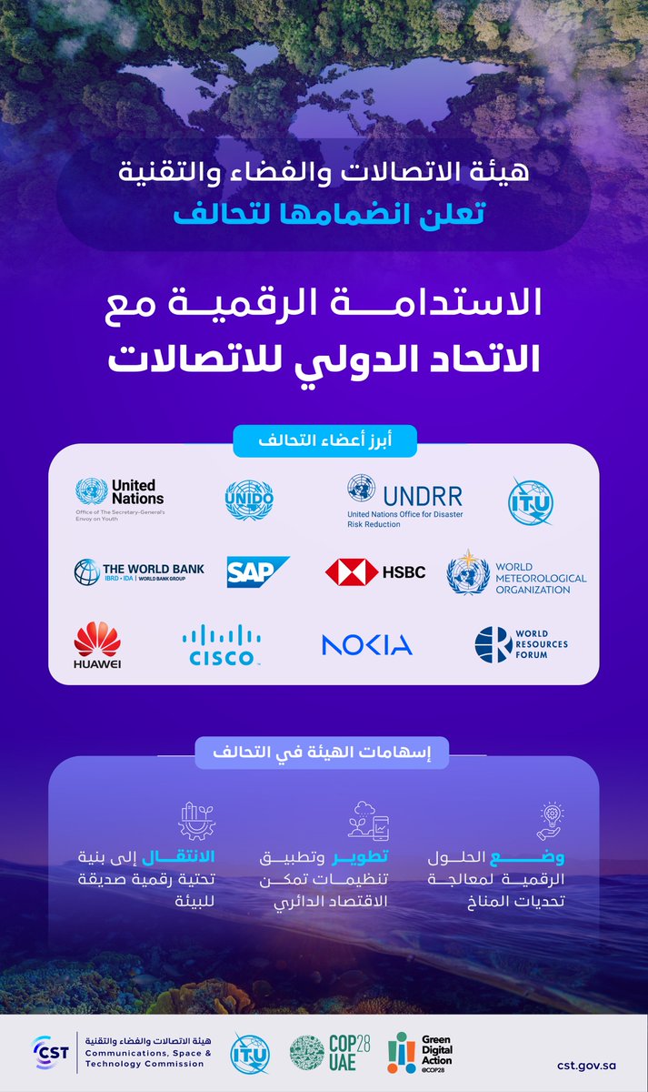 تعزيزا لجهود المملكة في دعم وتمكين الاستدامة الرقمية؛
#هيئة_الاتصالات_والفضاء_والتقنية تعلن انضمامها لتحالف الاستدامة الرقمية مع الاتحاد الدولي للاتصالات (ITU) وشركائها الدوليين من القطاعين الحكومي والخاص، وذلك على هامش أعمال مؤتمر #COP28 
#GreenDigitalAction
للمزيد:…