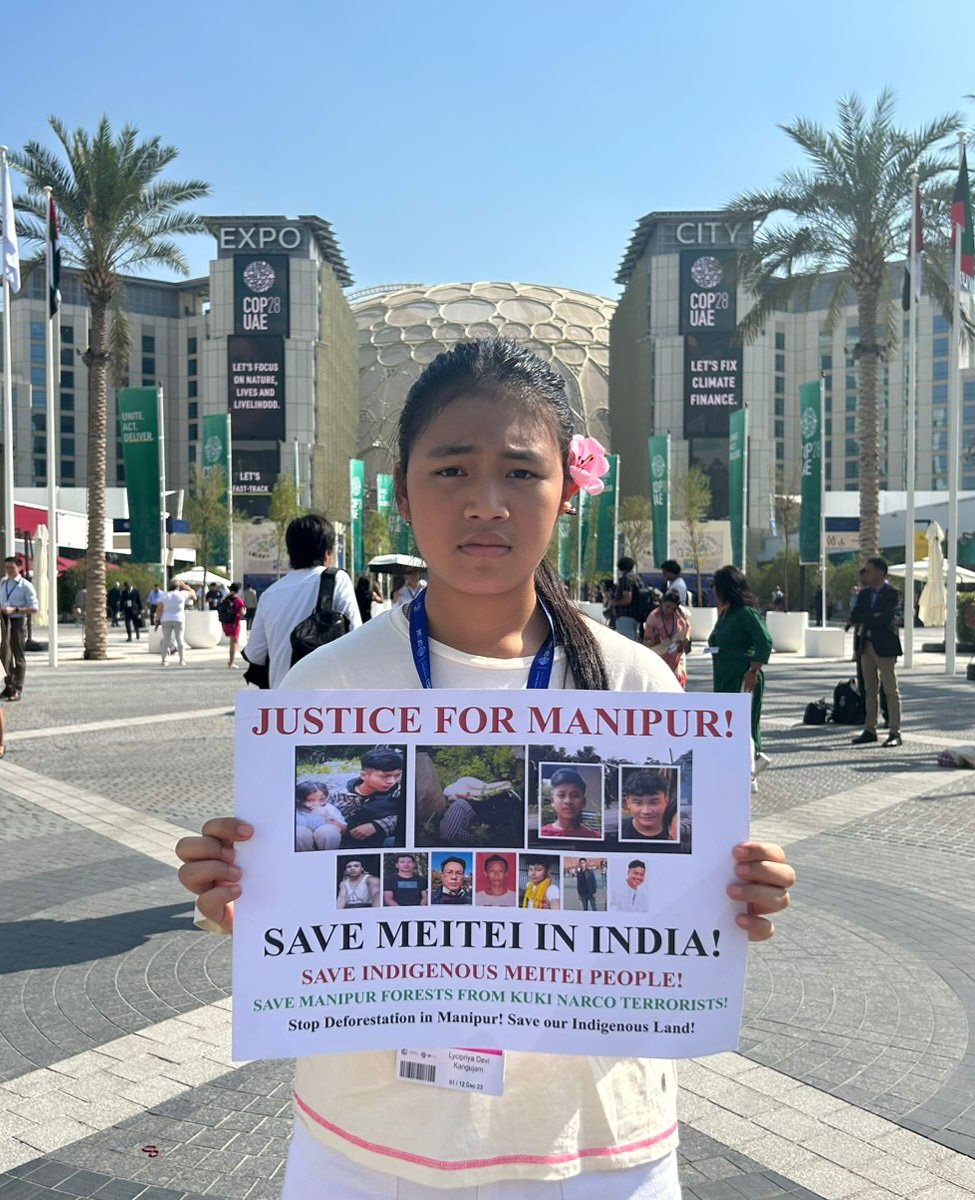 Today's climate protest at the United Nations 🇺🇳 Climate Conference 2023 #COP28UAE in Dubai for the justice of Manipur. It's time to save indigenous meitei people amd to stand against massive deforestation in Manipur. 
#SaveManipur #JusticeForManipur