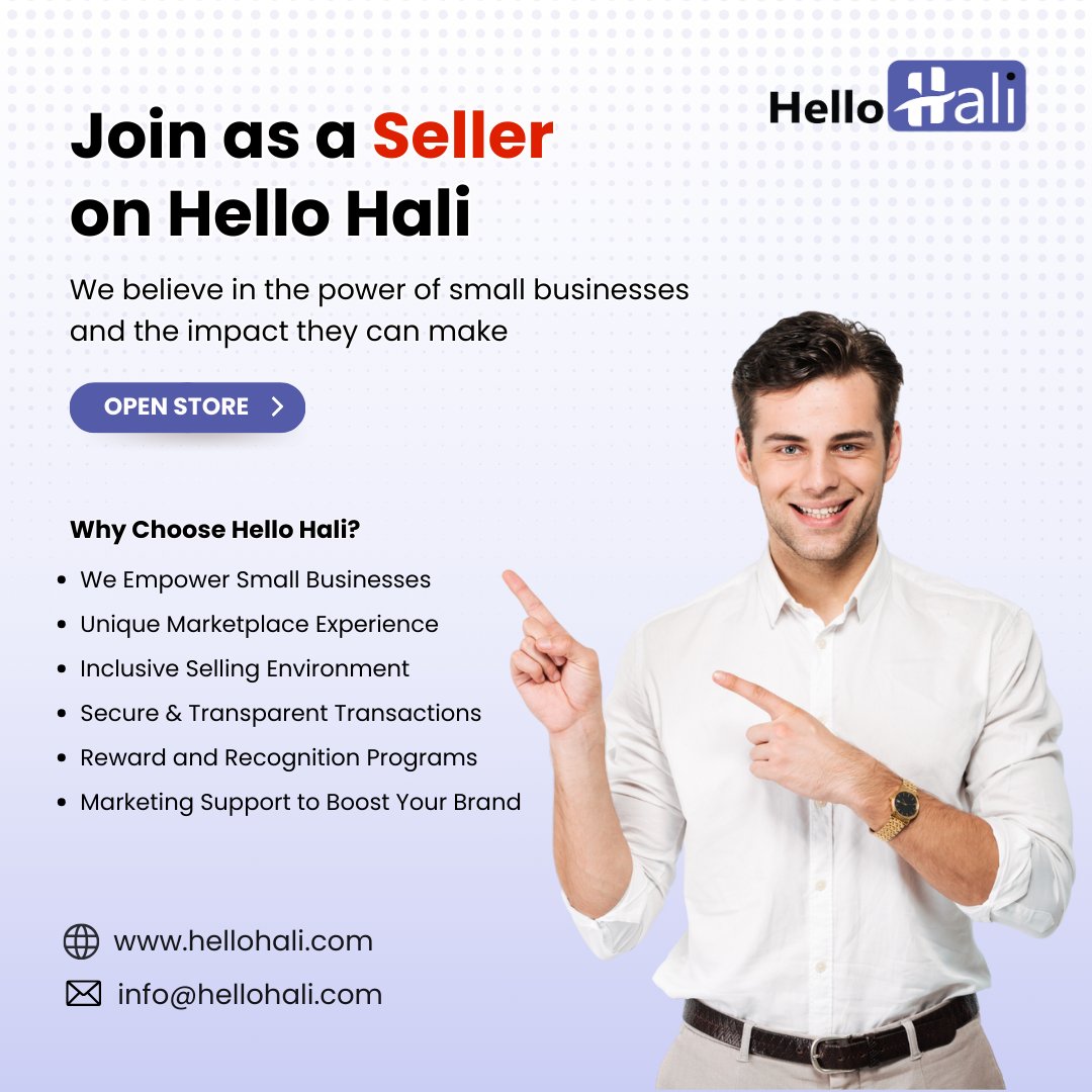 Hello Hali opens the door to a world of opportunities for #sellers like you. We're not just a multivendor marketplace; we're your dedicated partner in #business growth and success.

𝗢𝗽𝗲𝗻 𝗬𝗼𝘂𝗿 𝗢𝘄𝗻 𝗦𝘁𝗼𝗿𝗲: hellohali.com/become-a-seller

 #HelloHali #entrepreneurs