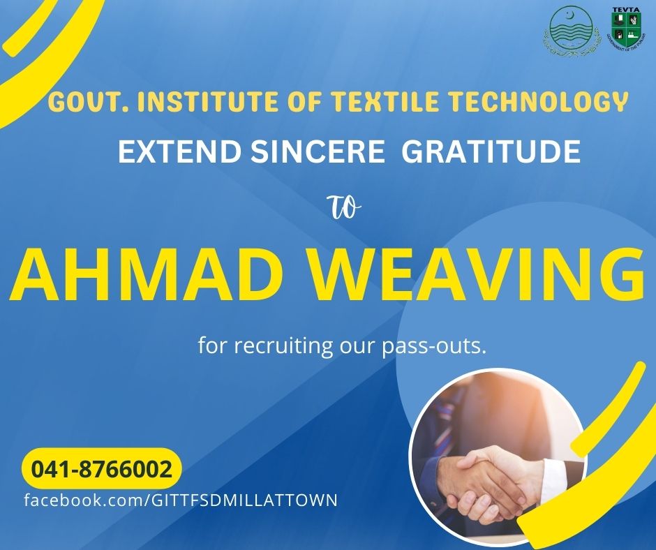 gitt_fsd's tweet photo. GITT-FSD extends sincere gratitude to #Mr_Shahzad_Ahmed, Managing Partner Ahmad Weaving Faisalabad/CAB Member for employing our #pass_outs at #Ahmad_Weaving Faisalabad.
The support of Ahmad Weaving has been instrumental in shaping professional journey of our pass-out. https://t.co/MP9EQxQpdo