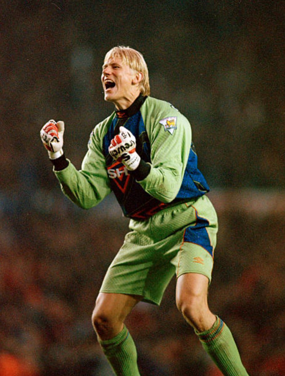 90s_writer's tweet photo. The hair. The gloves. The gold Premier League badges. The Umbro elbow pads. The heaviest goalkeeper shirt material known to man. The Great Dane. https://t.co/CzZCpSzTk6