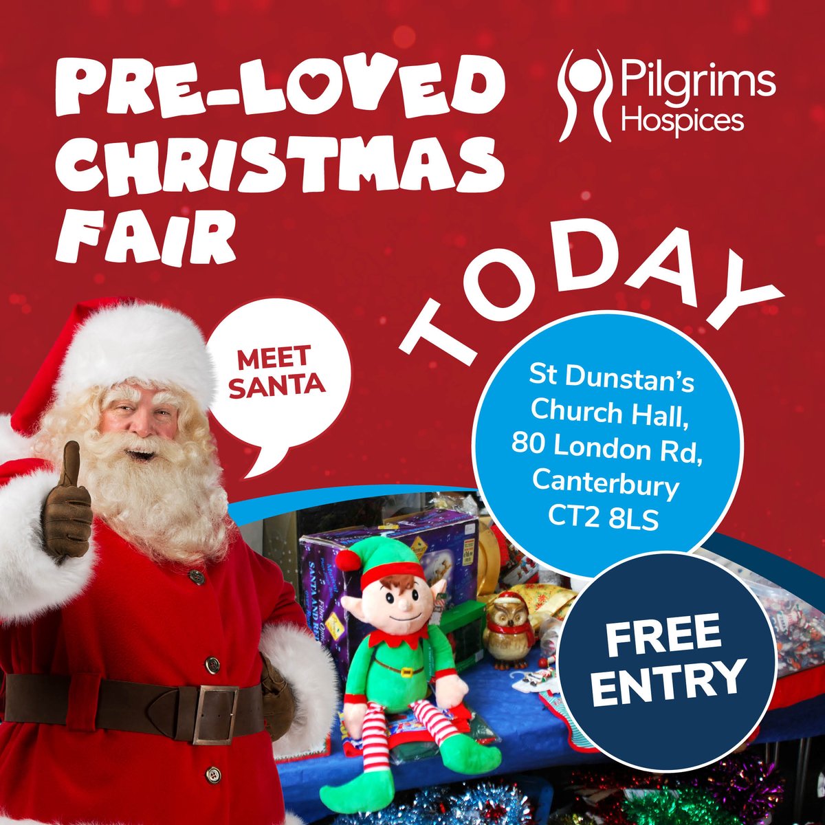 𝗧𝗢𝗗𝗔𝗬 Pre-Loved Christmas Fair, and 𝗲𝗻𝘁𝗿𝘆 𝗶𝘀 𝗳𝗿𝗲𝗲!  💙
🎄10:00am - 3:00pm 
🛍️St. Dunstan's Church Hall, Canterbury 
🎅  Santa between 12pm - 2pm! 
-
#PilgrimsHospices #PilgrimsHospice #EastKent #CanterburyEvents #WhatsOnCanterbury #VisitCanterbury #Christmas