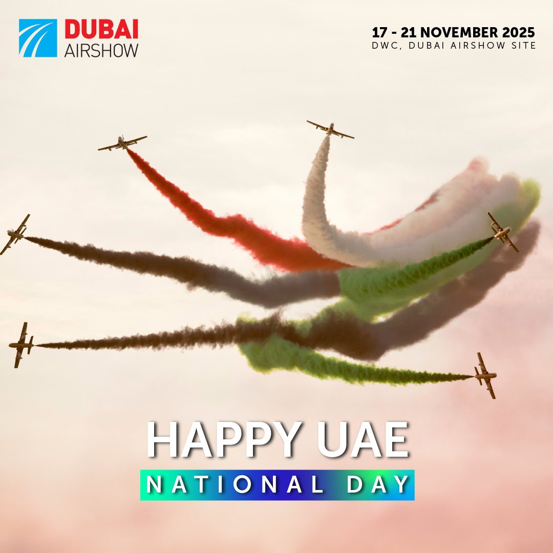 Taking flight with pride on UAE National Day! Celebrating unity, innovation, and aviation excellence, Dubai Airshow✈️ wishes you a Happy 🇦🇪 #UAENationalDay #DubaiAirshow
