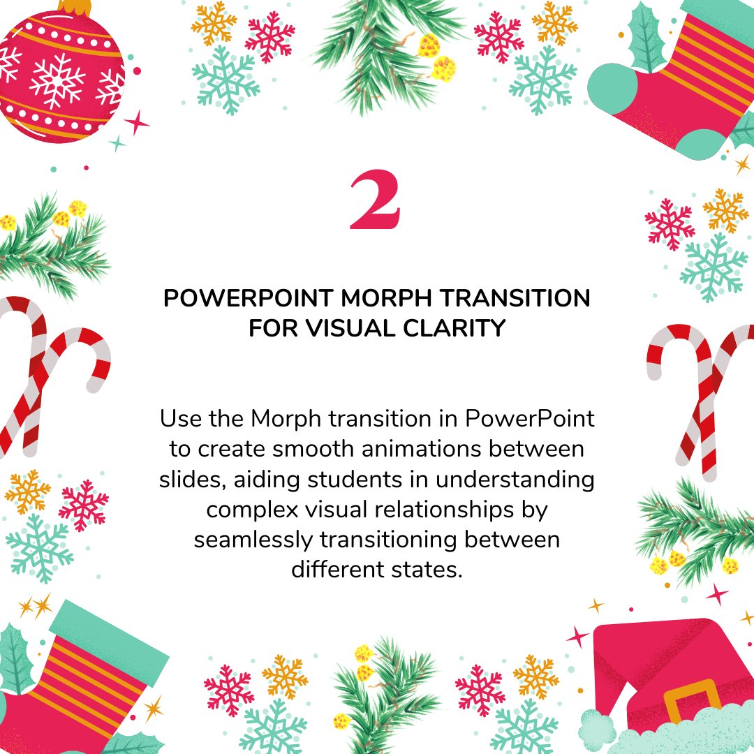 Day 2

Enhance visual clarity in your presentations with PowerPoint's Morph Transition! 🔄✨ Smoothly animate between slides to help students grasp complex visual relationships. 

#Office365Accessibility #TeamMIEEScotland