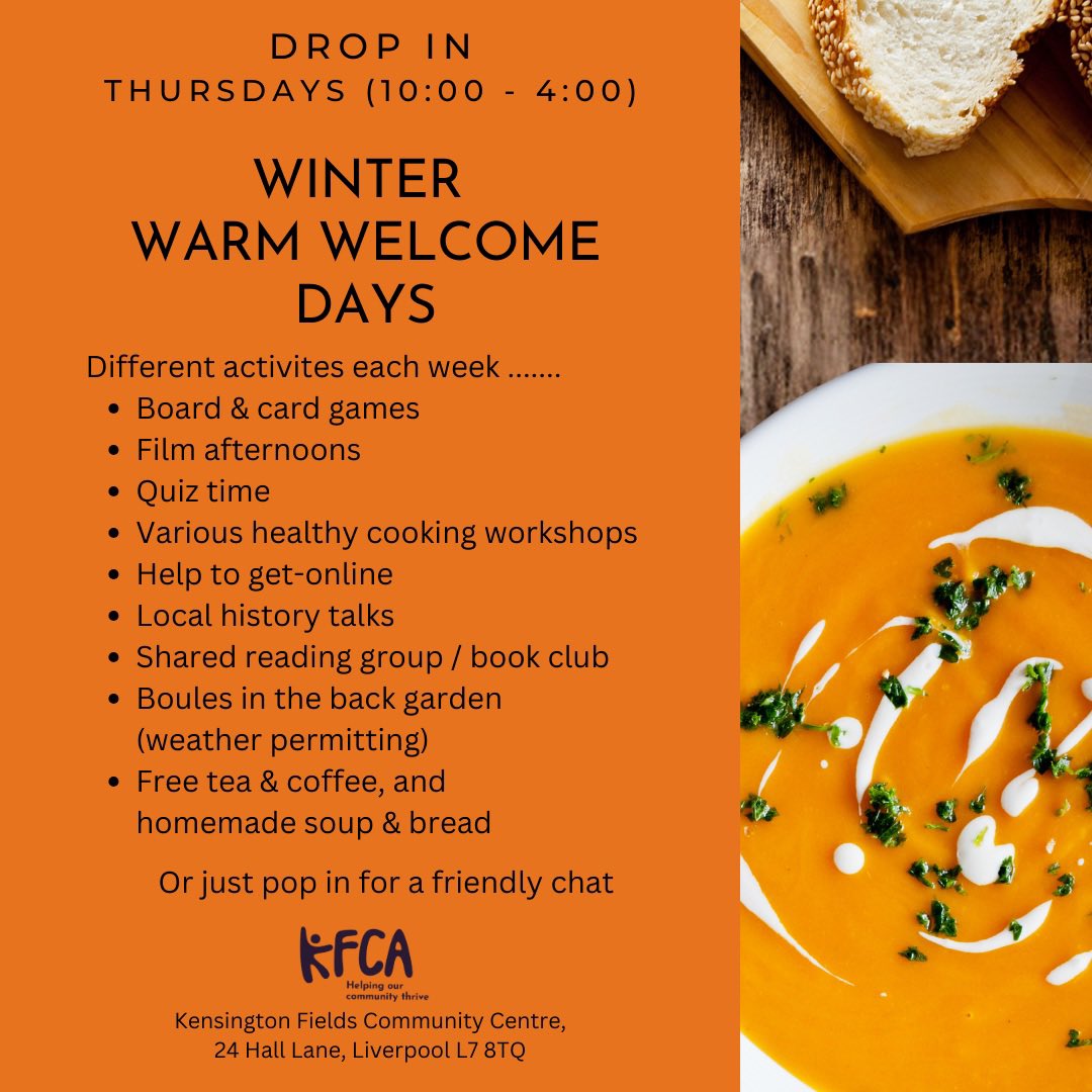 Winter Warm Welcome every Thursday - all drinks, food and activities are free. This week’s activity is cook-along with Margaret 10:30 - 12:00 Plus table top games & Christmas crafts throughout the afternoon, just drop in. #KFCA @TNLComFund @feedinglpool @lcvs @CentralLpoolPCN