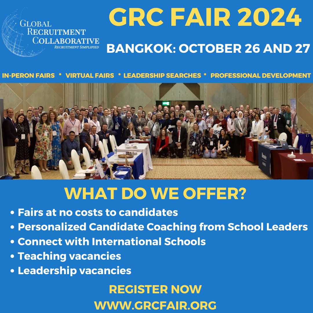 Save the date! Exciting opportunities await at GRC Fair Bangkok 2024 on October 26-27! Calling all schools and candidates to join us for a remarkable experience in education recruitment. 🌐👩🏫🌍 Sign up now and mark your calendars! #GRCFair2024 #EducationRecruitment