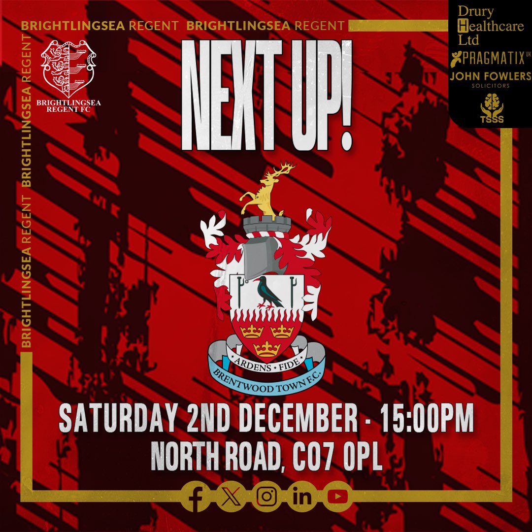 Brightlingseafc's tweet image. 𝗠𝗔𝗧𝗖𝗛𝗗𝗔𝗬! ⚽️

Dig out the winter jackets 🧥 🥶

Let’s go! 💪

🆚 @BrentwoodTownFC 
⏰ 3:00pm
📍 North Road, CO7 0PL
🎫 (A)£11/(Con)£6/(17-12)£4/(u12)£1
🧾 Cash &amp;amp; Card Available

#UpTheRs 🔴⚫️ #Brightlingsea #BRFC