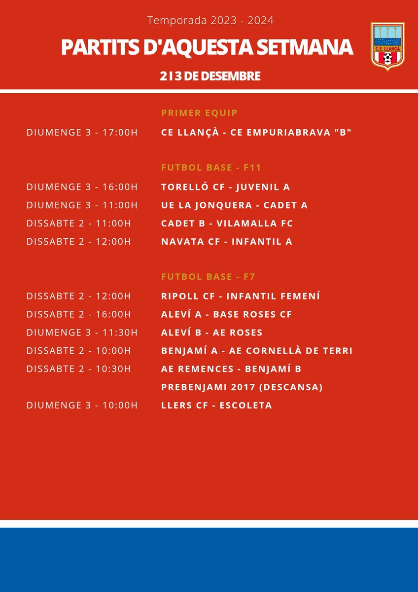 CELlanca's tweet photo. AGENDA ⚪🔴⚽

🗓️ Aquí teniu els horaris dels partits d'aquest cap de setmana.

#FutbolBase #3cat1 #Llançà https://t.co/GzgcO6oEfB