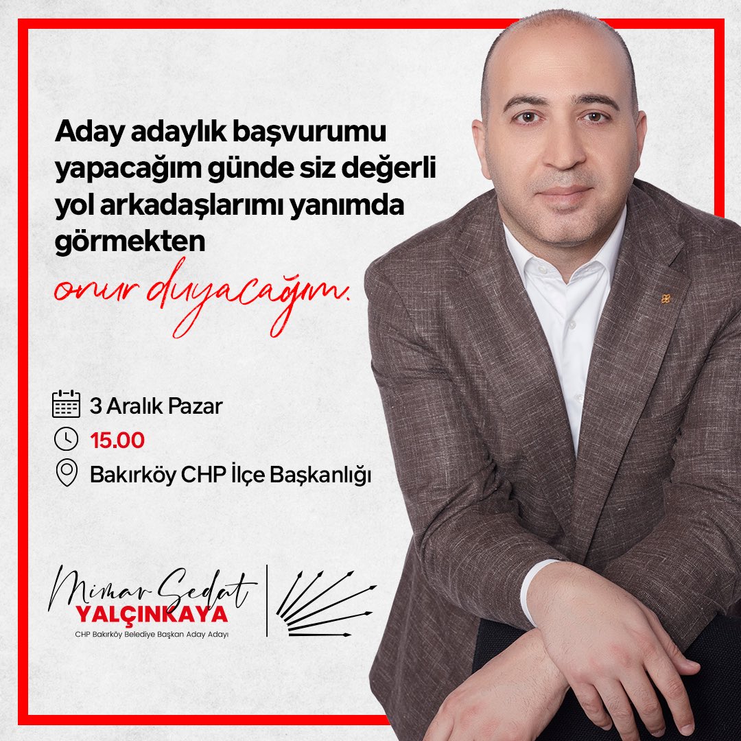 Pazar günü saat 15:00'te Bakırköy CHP İlçe Başkanlığı'nda aday adaylık başvurumu gerçekleştireceğim.

Desteğinizi hissetmek, beraber yol yürümek için sabırsızlanıyorum.