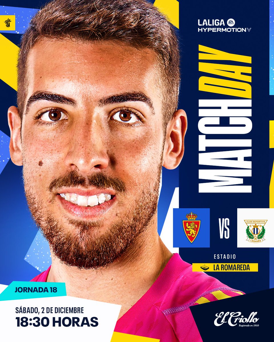 Jornada 18 #LALIGAHYPERMOTION

🆚 <a href="/CDLeganes/">C.D. Leganés</a> 
🏟 La Romareda
🗓 Sábado, 2 de diciembre
🕡 18:30 horas
📺 <a href="/LaLiga/">LALIGA</a> TV HYPERMOTION, <a href="/vamos/">Vamos</a> 

#RealZaragozaLeganés
#DefendiendoAlLeón 🦁