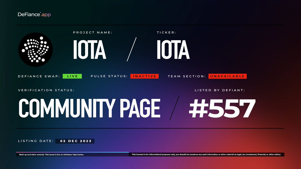 DeFiance_App's tweet photo. .@iota community page is now live on https://t.co/oiwLp18P1I. 

$IOTA is now listed on #DeFianceSwap. 

IOTA is a distributed ledger technology (DLT) that empowers individuals to have control over their private data, run tamper-proof programs, and engage in asset ownership and trading without the need for intermediaries. 

Learn more at: https://t.co/ENgzhuZZWs. 
#IOTA #DeFianceApp