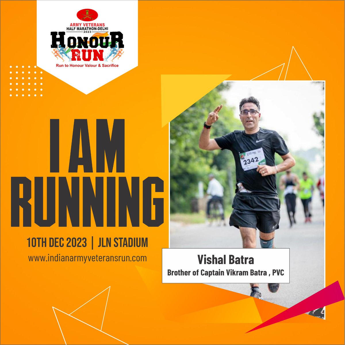 #HonourRun…on 10 Dec 2023 Hurry!! Register on indianarmyveteransrun.com & participate in the Army Veterans Half Marathon in physical format at JLN, Stadium, Delhi or virtual format from your place. Vishal Batra, brother of #Braveheart Capt Vikram Batra, #PVC (Posthumous),…