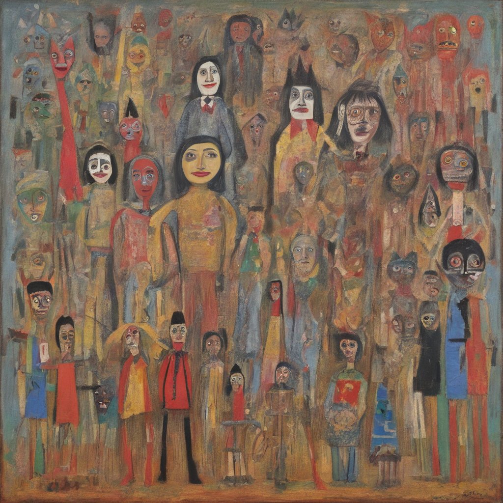 A captivating crowd! This piece's primal colors and haunting expressions are a kaleidoscope of human essence. Truly a dialogue on diversity. #PrimitiveArt #Expressionism #ArtisticSoul
