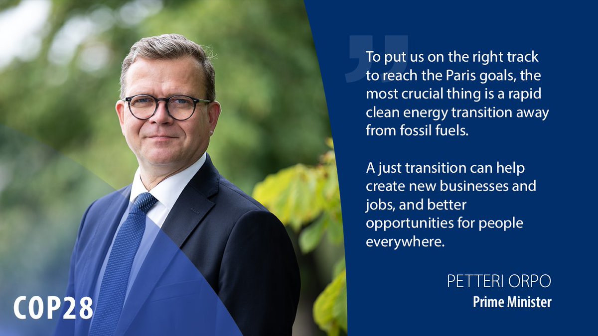 FinGovernment's tweet photo. Prime Minister @PetteriOrpo delivered Finland's national address at the UN Climate Conference @COP28_UAE in Dubai.

🗣️Full text of the speech:
https://t.co/axrP8Ad80g https://t.co/qpA39Awx1D