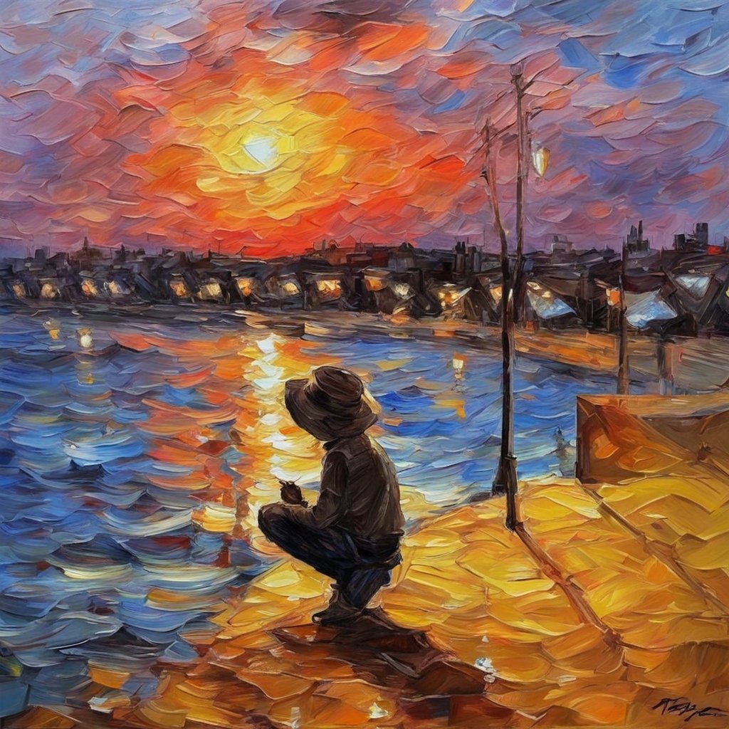 FREE__ARTS's tweet photo. Impressionist vibes with a modern twist! The bold strokes capture a reflective moment against a fiery sky. It's a visual poem of solitude in the city. #ImpressionismToday #Cityscape #ArtisticMeditation https://t.co/oLAHEuVMwq