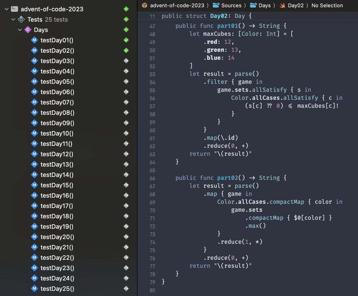 bamx23's tweet photo. I've completed "Cube Conundrum" - Day 2 - Advent of Code 2023 https://t.co/yO9Y3sbooo #AdventOfCode 

It's nice when after you parse the input everything else is this simple. What's next? https://t.co/FcPXguRcsU