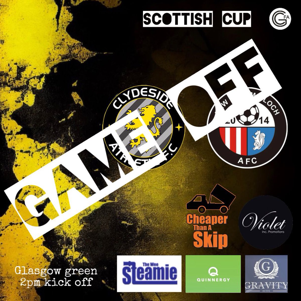 ClydesideAth's tweet photo. #gameaff 

Clydeside v @NewFarmLochAFC ⛔️

Unfortunately game off due to the weather….try again next week! https://t.co/dErLHlLTky