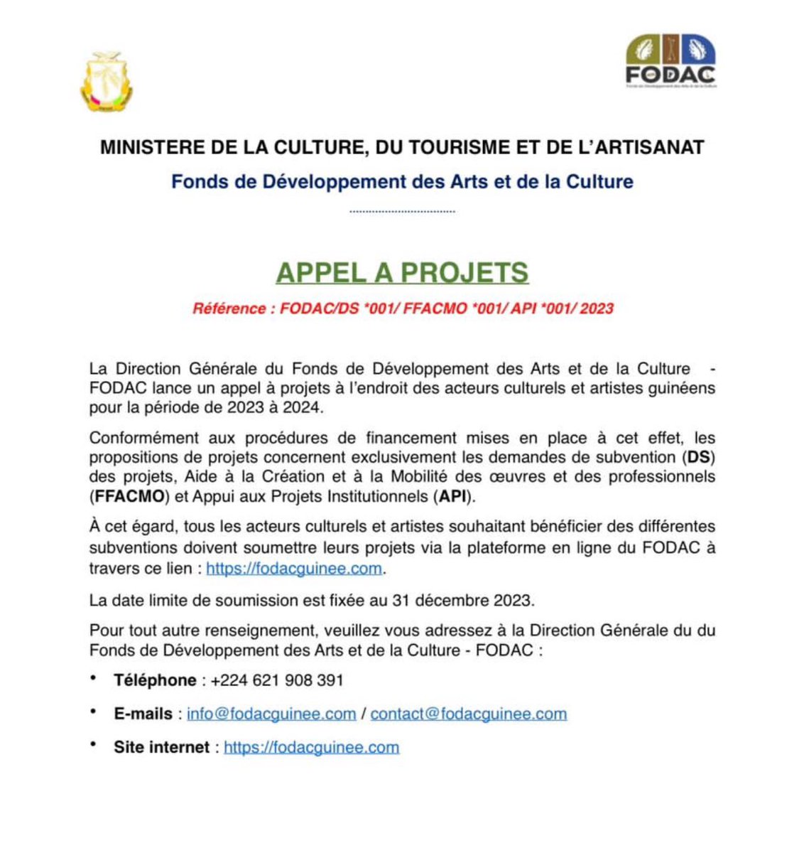 DjomaMedia's tweet photo. 🅟🅞🅢🅣 🅢🅟🅞🅝🅢🅞🅡🅘🅢🅔:
APPEL À PROJETS du #FODAC
🔗 soumission: https://t.co/wk0uX0SBzx
Date limite de soumission: 31 décembre 2023
📧: info@fodacguinee.com
Contact: +224 621 908 391
#fodacguinee #FODAC https://t.co/kjd0YzoYKD