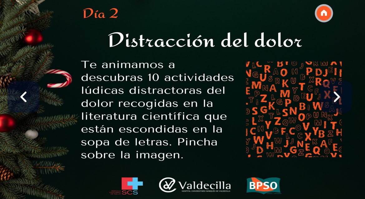 BPSOValdecilla's tweet photo. 🗓 Día 2 de nuestro Calendario de Adviento #BPSOValdecilla: 

🤕 Distracción del #Dolor

#ComprometidosConTuCuidado
#SomosValdecilla

🎄 https://t.co/zZBAeiSsgq https://t.co/uyMuGmcaIg