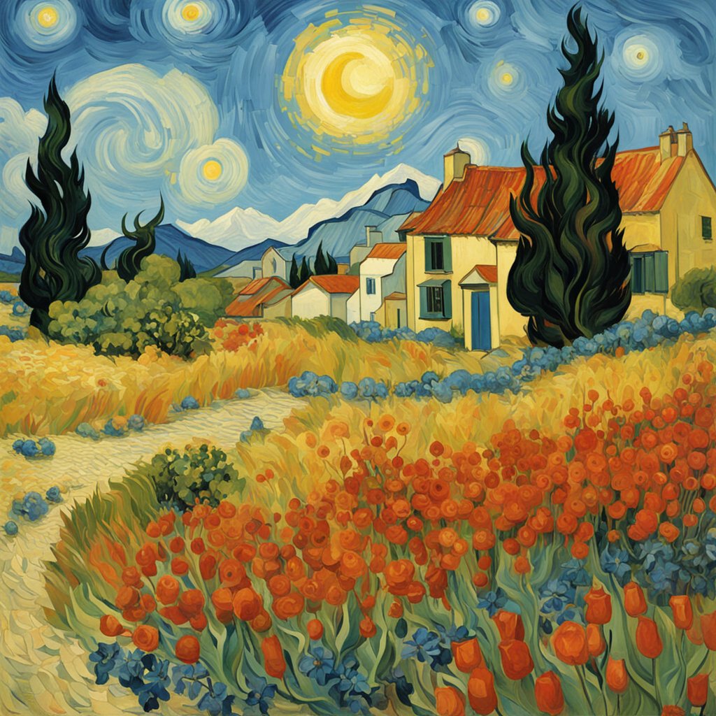 Van Gogh's influence is undeniable in this vivid homage. Swirling skies and passionate blooms stir the soul, echoing the master's touch in every brushstroke. #VanGoghInspired #PostImpressionism #VividLandscapes