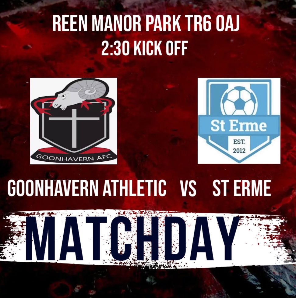 MatchDay!
🆚<a href="/GoonhavernAFC/">Goonhavern AFC</a> 
🗓️Saturday 2nd December 2:30 PM 
🏆St Piran League Division 3 (West)
🏟️Reen Manor Park TR6 OAJ
