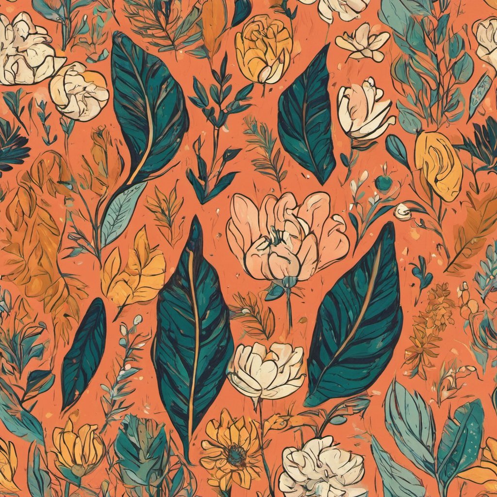 This pattern bursts with the zest of a blooming garden, where flora in warm and cool tones interlace. It's a delightful dance of nature's palette. #FloralPattern #NatureDesign #BotanicalArt