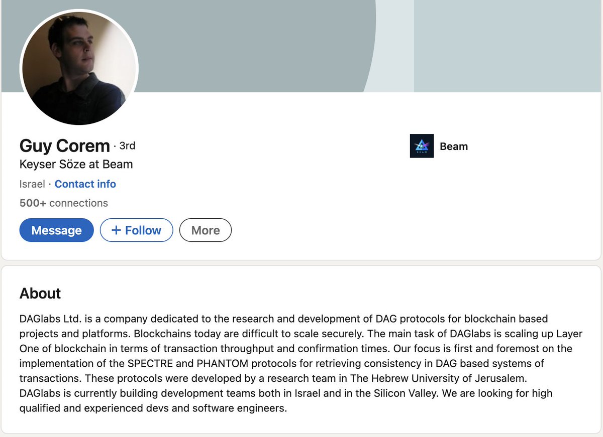 tombxbt's tweet photo. [ $BEAM ] @beamprivacy 
>heres an interesting one $KAS family, might be old news to some but W T F !?
>just found this while researching $AGRS
>DAGlabs R&D team cofounded by yonatan sompolinksy + prof. Aviv Zohar 
>looking through the people involved i noticed
>guy corem
>who is the president + ceo of daglabs
>as well as his other layer 1 PoW privacy focused blockchain $BEAM sitting at an measly 7m MC at rank #1198
>no premine
>no ICO
>deflationary

>core team + founder is the president of fucking daglabs which did all the R+D on $KAS which is going to top 3 ?
>is this a fucking joke ?
>which fucking KOL's have mentioned this i want to follow them immediately
>available on mexc ?
>wtf 
>SEND IT TO THE HEAVENS ☁️
>sorry this is messy but as promised i always post here first if i find a gem
>FROM THE SURFACE THIS IS AN UNDERVALUED GEM💎