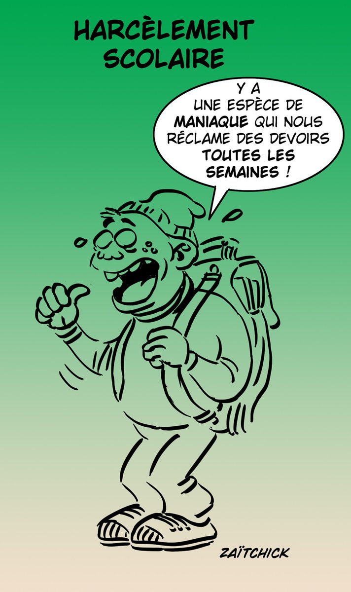 BlaguesDessins's tweet photo. Le #DessinDePresse de Zaïtchick : Persécution
Retrouvez les dessins de Zaïtchick sur : https://t.co/VQNx0gcoo7
#DessinDeZaitchick #ActuDeZaitchick #Humour #ÉducationNationale #HarcèlementScolaire #Maniaque #DevoirScolaire #Professeurs https://t.co/F4SWMXjAR3