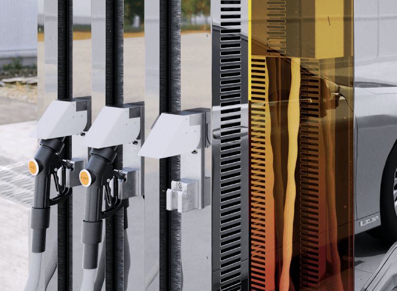 philippe starck unveils <a href="/HRS_hydrogen/">Hydrogen Refueling Solutions</a>'s #hydrogen refueling dispenser wrapped in polished #steel at dubai’s COP28 🫗