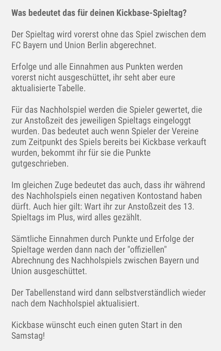Was bedeutet die Spielabsage #FCBFCU für euren Kickbase-Spieltag? Die wichtigsten Infos gibt es jetzt auf der Base in der App oder als Screenshot hier 😇