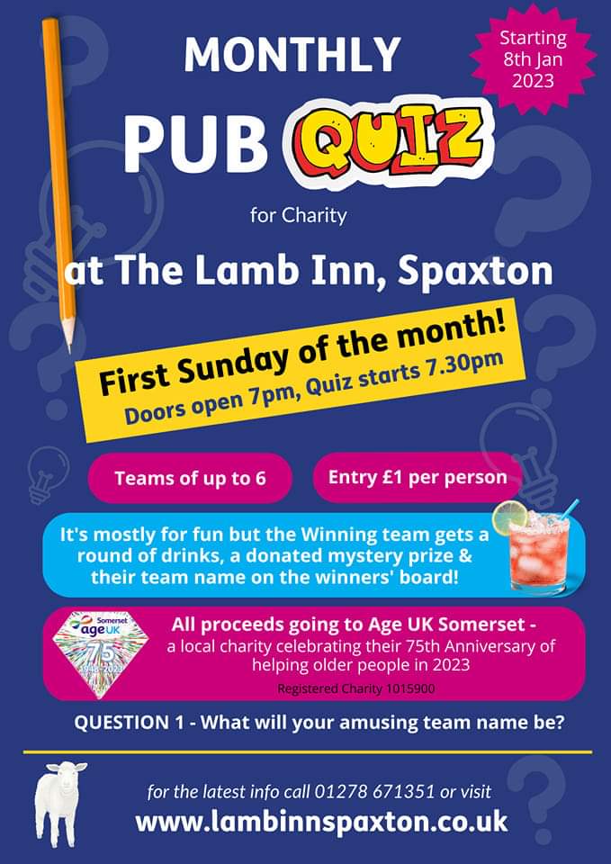 KateBShark's tweet photo. Last @AgeUKSomerset Pub Quiz at The Lamb Inn, #spaxton tomorrow night (Sunday 3rd) but it'll be a Bumper #Christmas one! Entry £2 per person (or more if you like 😊)

#pubquiz #somerset #ageuksomerset #lambinn https://t.co/O4mOrAdLKi