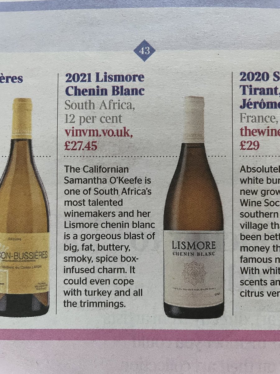 Spot on Jane MacQuitty in her 50 Best Whites in The Times today. “A gorgeous blast of big, fat, buttery, smoky, spice-box infused charm”. Lismore Chenin Blanc - superb. ⁦<a href="/lismorewine/">Samantha O'Keefe</a>⁩ ⁦<a href="/hnwines/">Hallgarten & Novum Wines</a>⁩