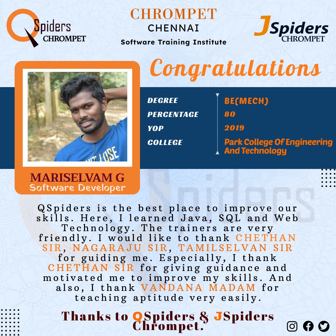 Congratulations Mr. MARISELVAM G
for getting placed as a SOFTWARE DEVELOPER from QSpiders Chrompet 💐.
”QSpiders is a place where businesses find talent and dreams take flight.'
❤️💯
#fresherjobs #wfh #itjobs #developerjobs #upskill #jobready #webdevelopers
#experiencejobs #caree