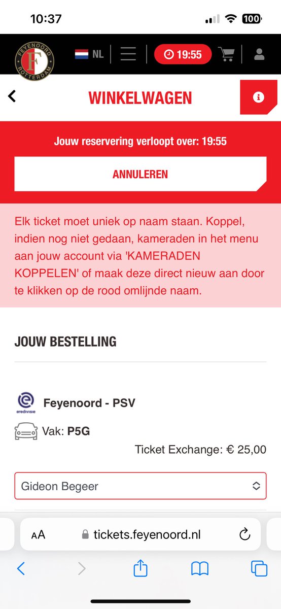 GideonBegeer's tweet photo. @VraagFeyenoord ik probeer een parkeerticket voor morgen te kopen, maar omdat ik een wedstrijdticket op naam heb staan, mag ik geen parkeerplek claimen? https://t.co/5tX19ZHy85
