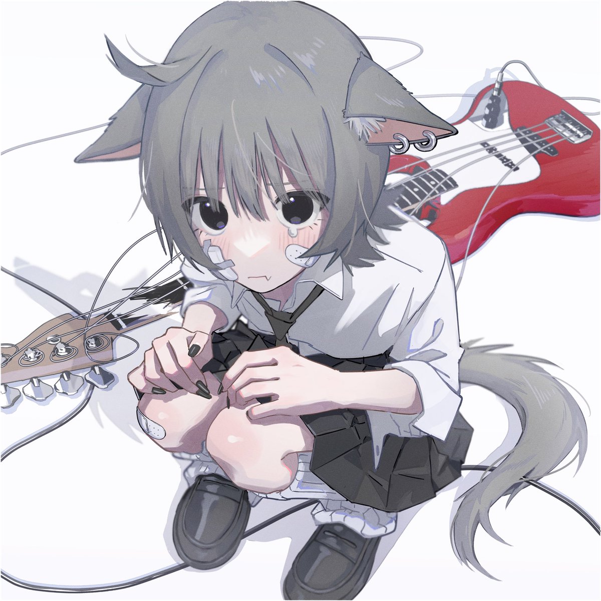 animal ears instrument bandaid solo 1girl tail grey hair  illustration images