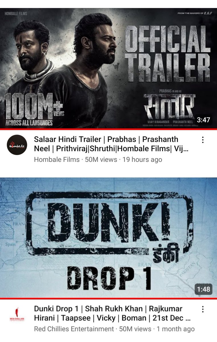 #SalaarCeaseFire trailer (Hindi) has 50 Million views in 19 hrs 🔥

#DunkiDrop1 has 50 Million views in 1 month 😭

#Prabhas is undoubtedly a much much bigger star than Lottery king Sarook. 
This is a one way clash where Dinosaur gonna have a Donkey feast 😎