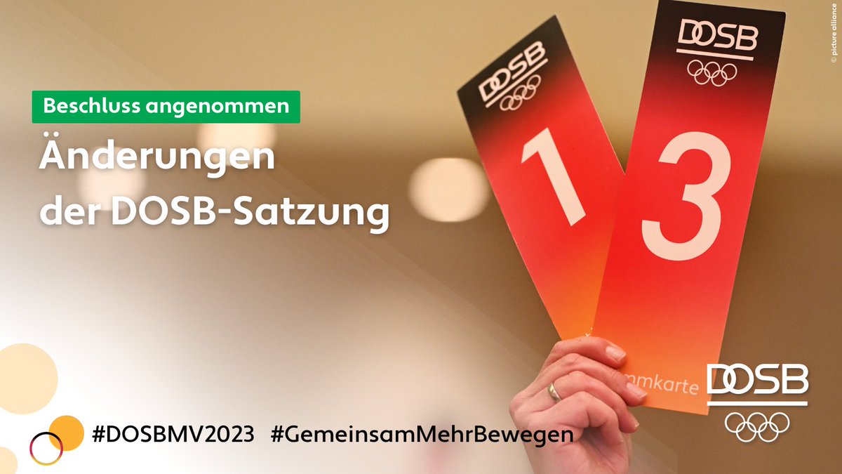 Die Delegierten der #DOSBMV2023 stimmen für die eingebrachten Satzungsänderungen - darunter auch die verbindliche Einführung einer Quote, die der Erhöhung der Geschlechtervielfalt der entsendeten Delegierten dient. ☑️

Alle Satzungsänderungen unter: dosb.de/ueber-uns/mitg…