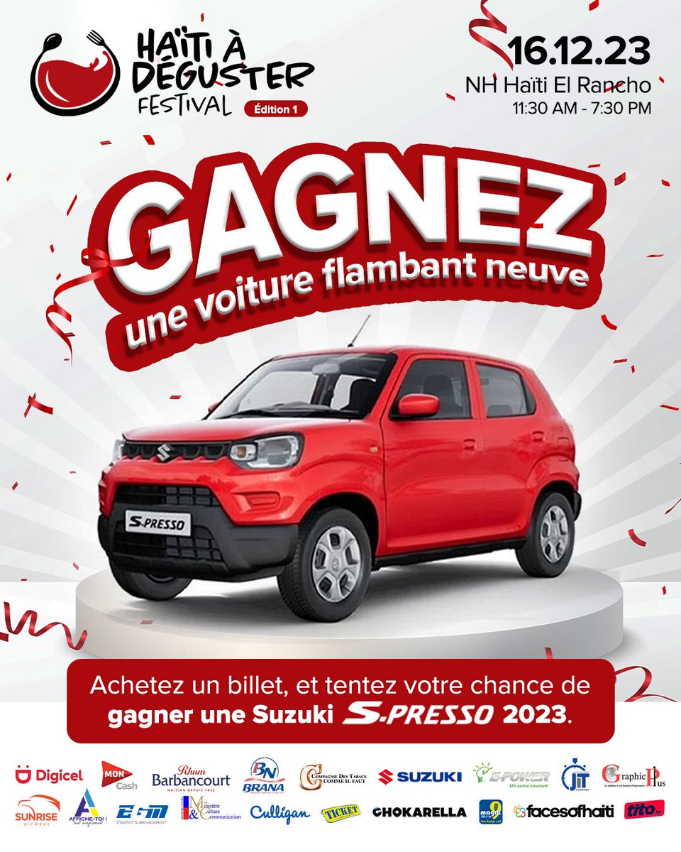 hadfestival's tweet photo. Vous voulez gagner une Suzuki S-Presso 2023? 
Alors participez à la première édition de Haïti à Déguster Festival. Une aventure culinaire extraordinaire vous attend !
. 
.
—-
🚗🌟 #hadfest #🍽️🇭🇹 #HaïtiÀDéguster #GagnezEnParticipant #HADFest https://t.co/PSOqjcLFPm