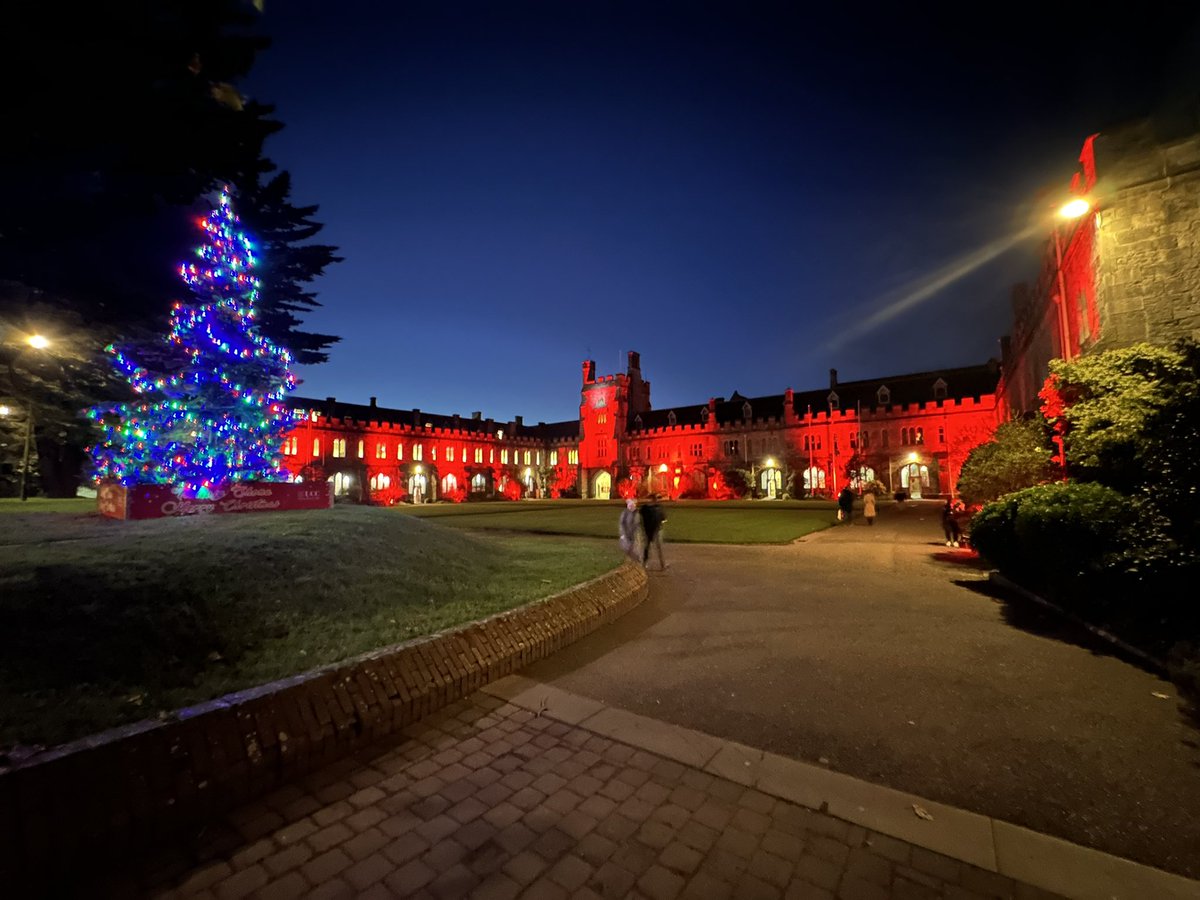 UjuAnya's tweet photo. UCC was beautifully lit at night for Christmas, and I enjoyed a stroll with my fellow applied linguistics scholar with the @COSTStudyAbroad program Dr. Anne Marie Devlin and Italianist and Head of the UCC School of Languages, Literatures, and Cultures Dr. Silvia Ross @s_ross_ucc https://t.co/aYbrPnSXYK