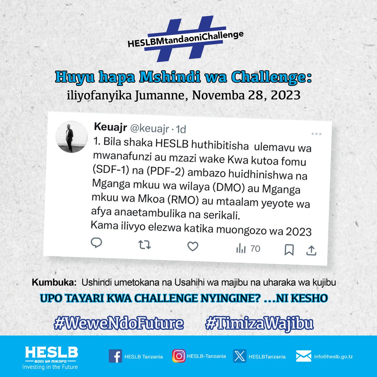 Ni #HESLBMtandaoniChallenge

Je, unaikumbuka challenge yetu ya Jumanne, Novemba 28?

Tunampongeza Kassim Ally a.k.a <a href="/keuajr/">Ally_Kassim</a> wa pale @MoCU_official kwa kuibuka mshindi.

Ameshapokea TZS 20,000. Upo tayari kwa challenge nyingine? Kaa tayari

#WeweNdoFuture #TimizaWajibu