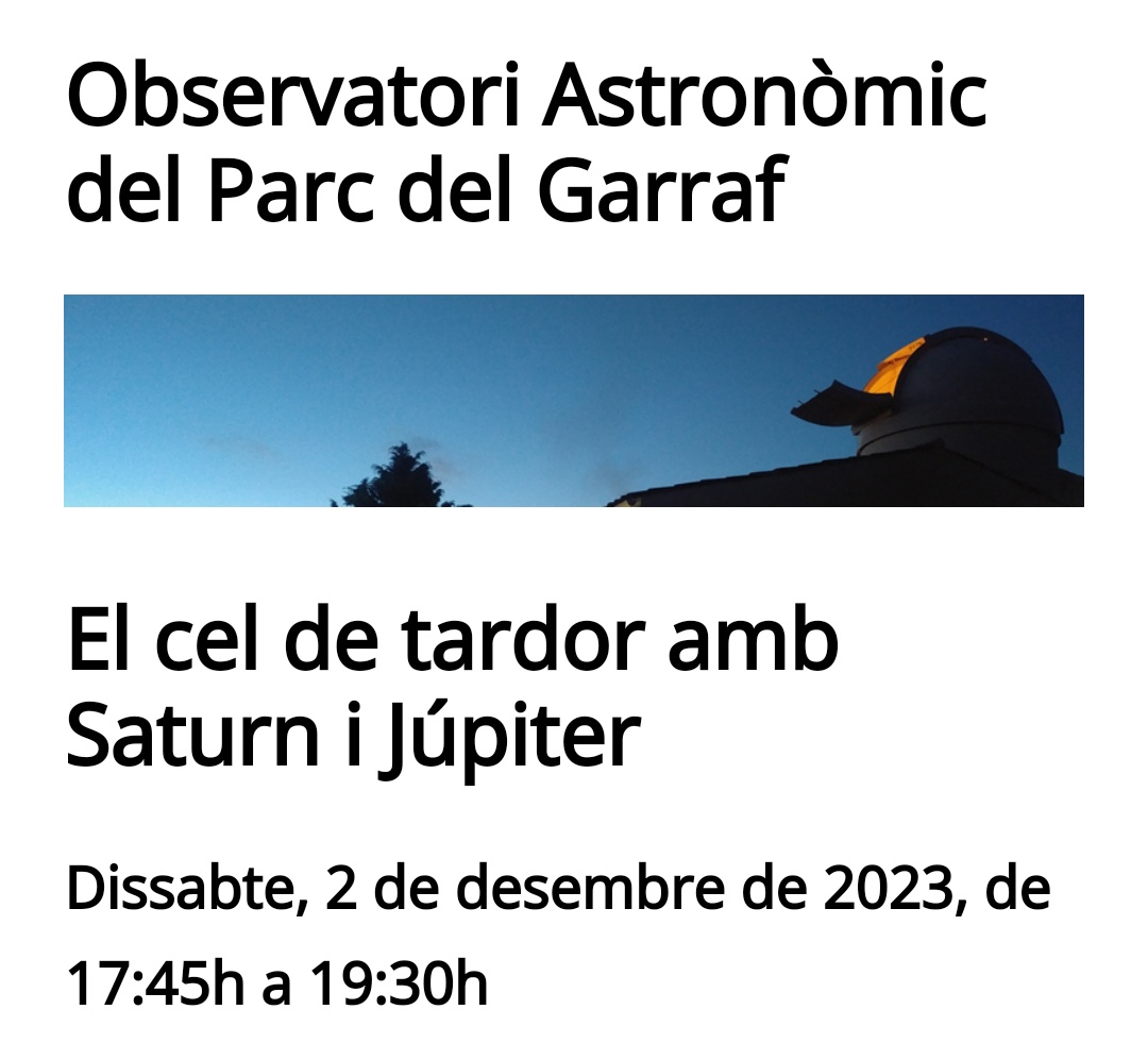 Què fas aquesta tarda? Encara hi ha places a l'observatori per veure Júpiter i Saturn amb telescopi planetari.cat/pagines/garraf… <a href="/xarxadeparcs/">Xarxa de Parcs Naturals</a> <a href="/diba/">Diputació de Barcelona</a> <a href="/mcngranollers/">Museu de Ciències Naturals de Granollers</a> <a href="/CCGarraf/">Consell Comarcal del Garraf</a> <a href="/GarrafTurisme/">TurismeGarraf</a> <a href="/VilanovaTurisme/">VilanovaTurisme</a> <a href="/penedesturisme/">Penedès Turisme</a> <a href="/sitgestur/">Turism@ Sitges</a> <a href="/Vilafrancatur/">Turisme Vilafranca</a> <a href="/TurismeBaixLlob/">TurismeBaixLlobregat</a>